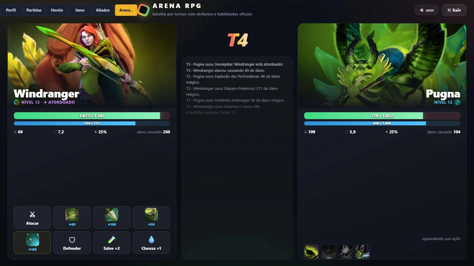 Batalha na Arena RPG entre Windranger e Pugna, com barras de vida e mana e o registro dos turnos