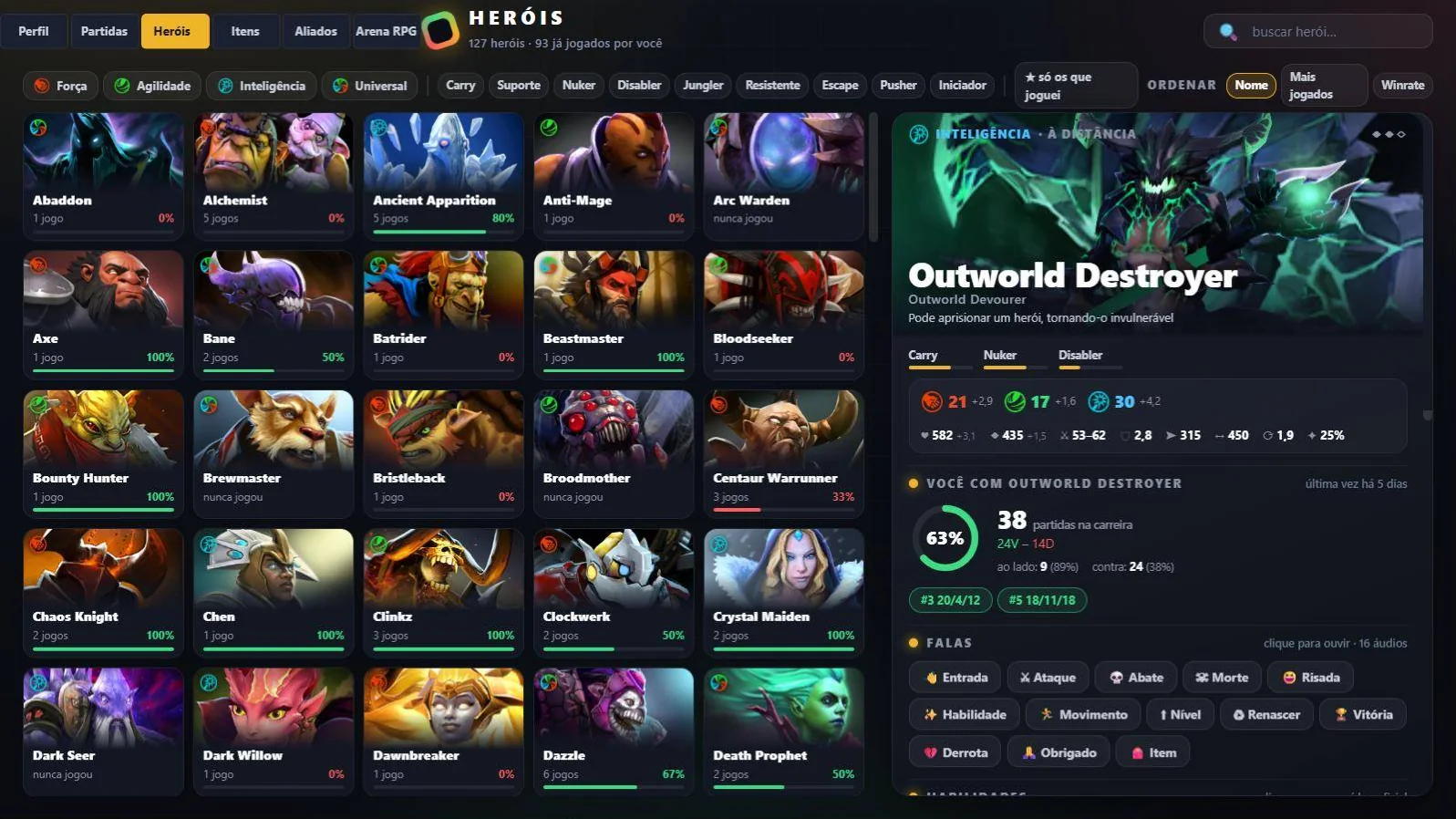 Galeria de heróis com winrate por herói e a ficha do Outworld Destroyer com o histórico pessoal