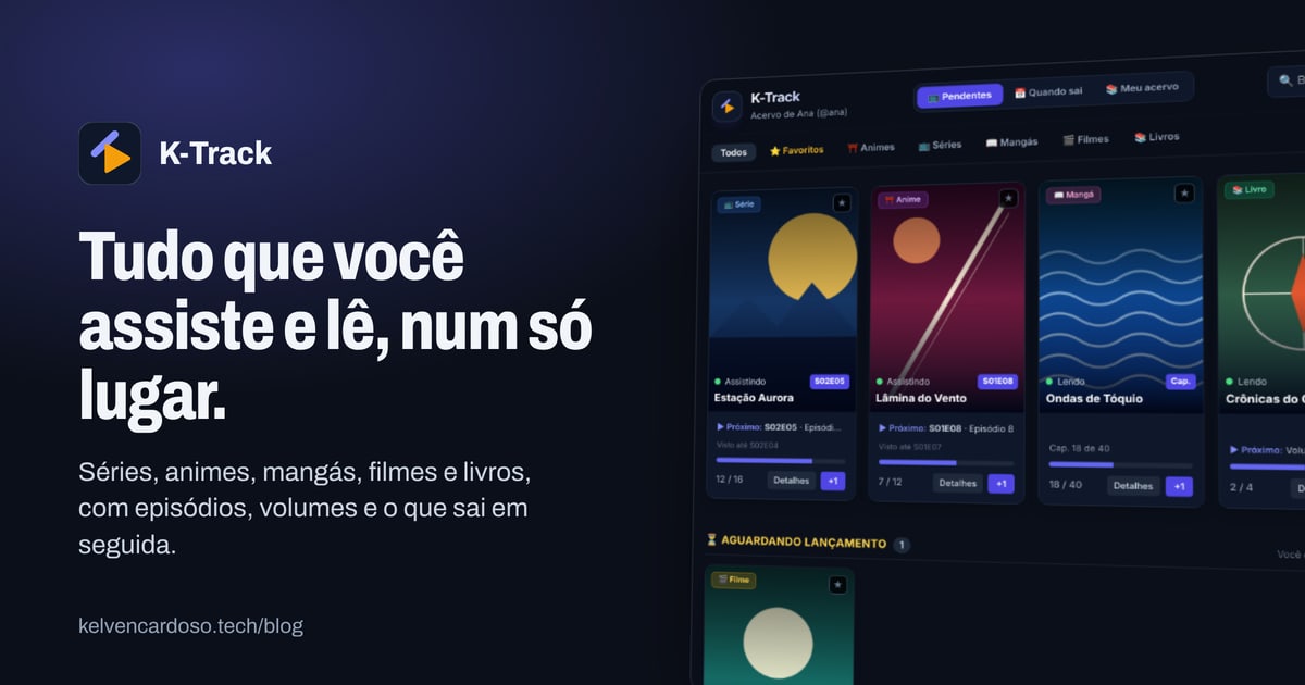 Tela do K-Track com cards de séries, animes, mangás e livros, ao lado do título do post