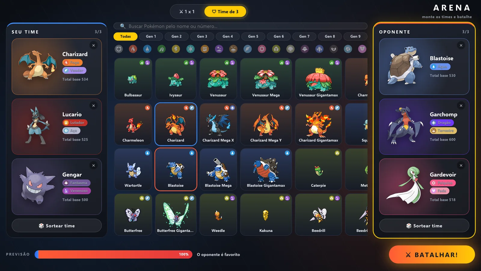 Seleção de times na Arena: Charizard, Lucario e Gengar contra Blastoise, Garchomp e Gardevoir