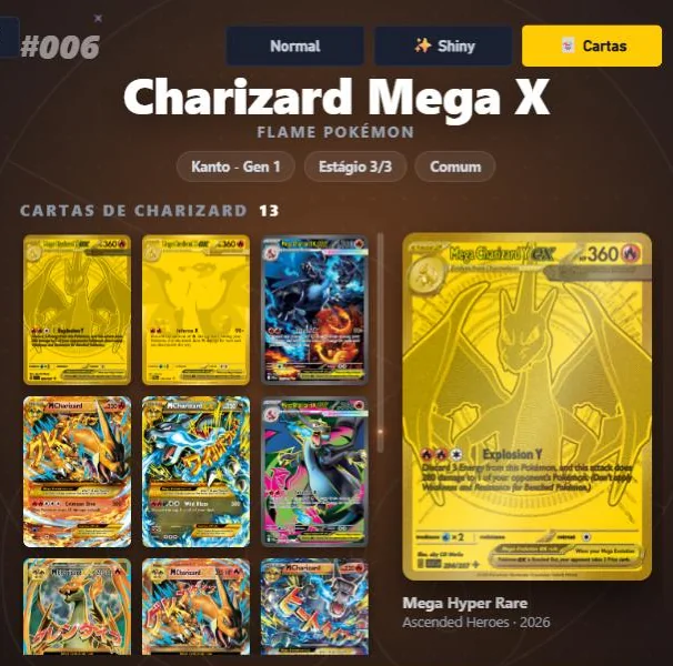 Galeria de cartas do Charizard no modo Cartas