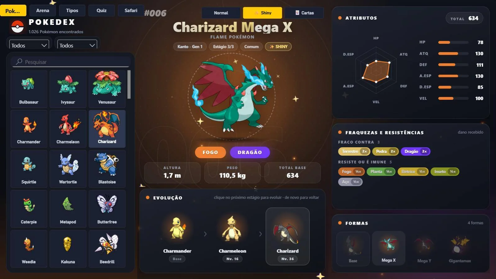 O Charizard Mega X na versão shiny, com atributos e fraquezas recalculados
