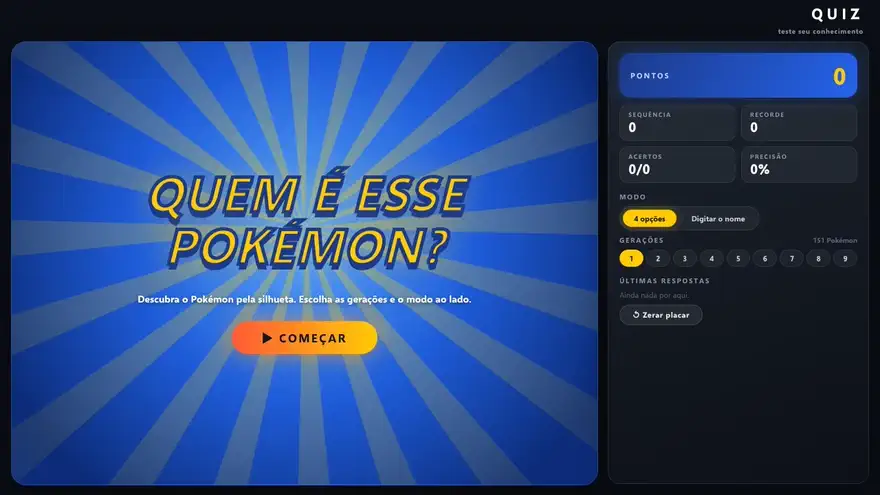 Quiz com a silhueta de um Pokémon, quatro opções e a revelação da resposta