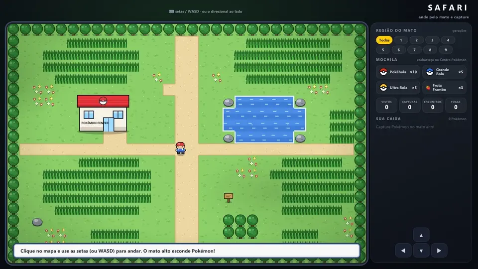 Minijogo Safari: o treinador anda pelo mato, encontra um Numel shiny e captura com uma Ultra Bola